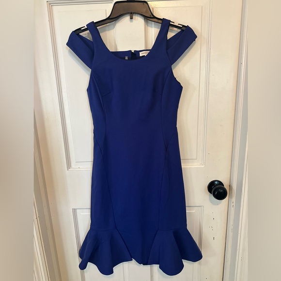EUC $325 Rebecca Taylor Ponte Knit Off Shoulder Blue Dress Size 2 - Picture 4 of 15